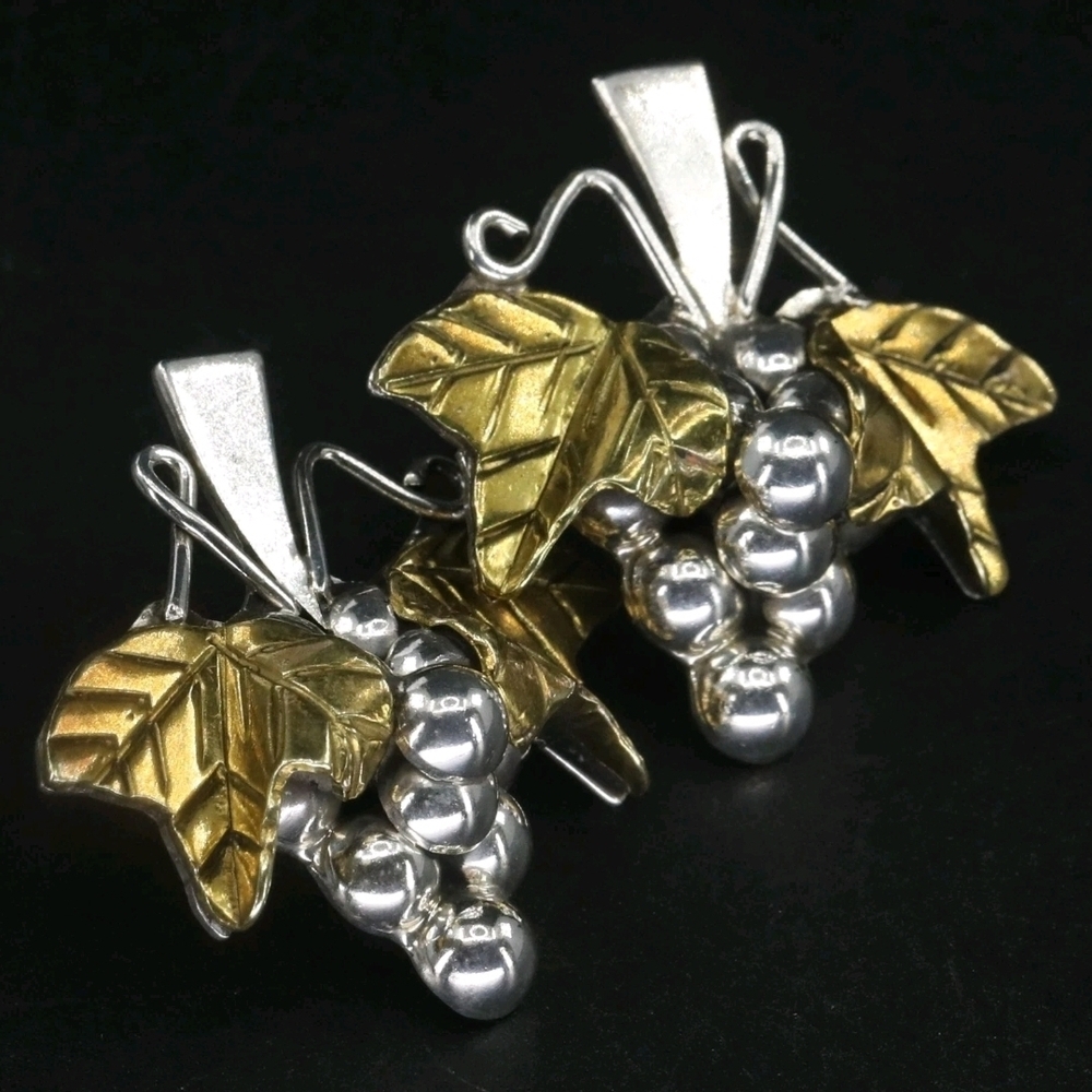 Sterling Silver TAXCO MEXICO Two-Tone Grape Leaf Post Earrings